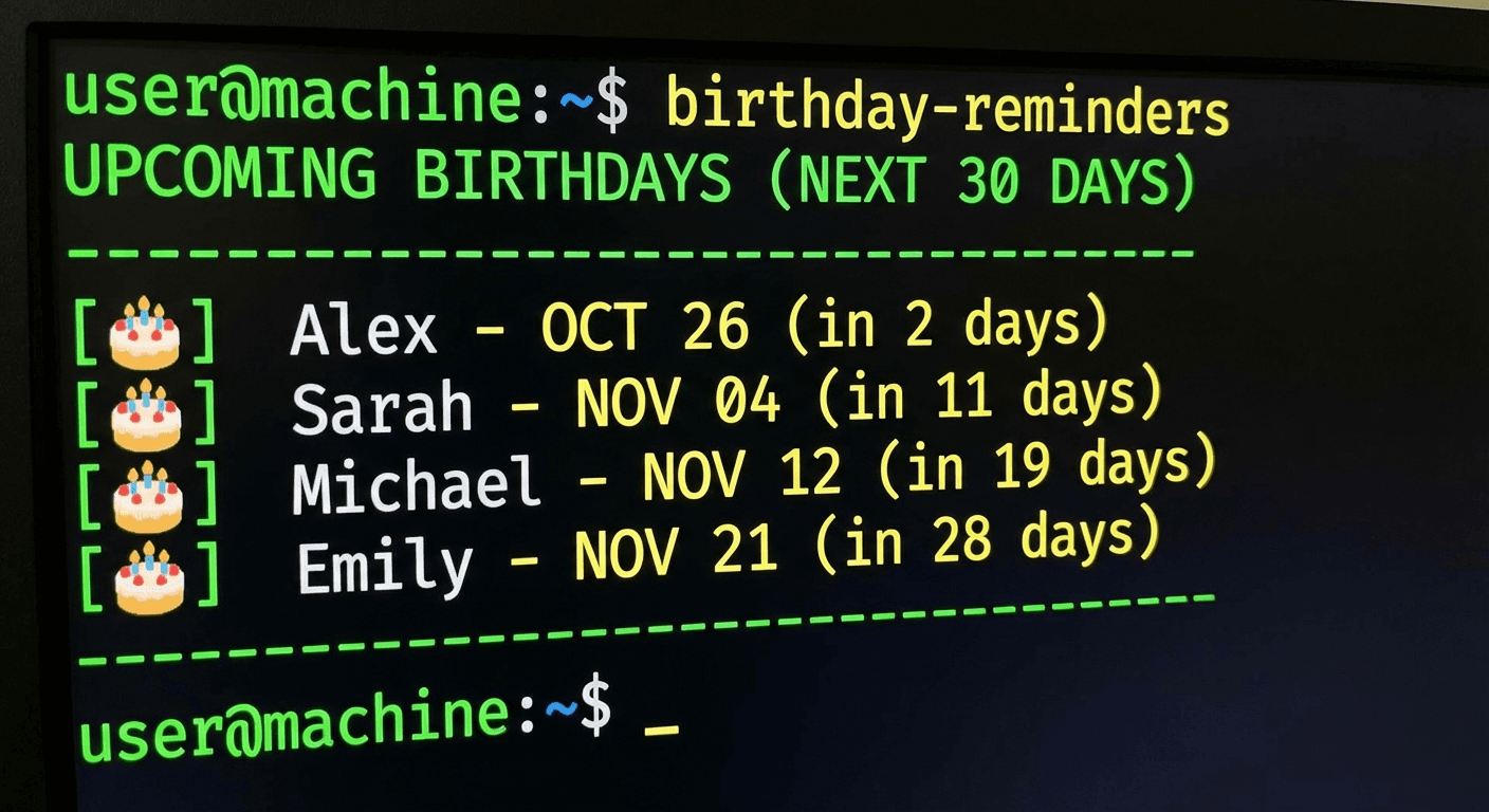 Birthday Reminder CLI output